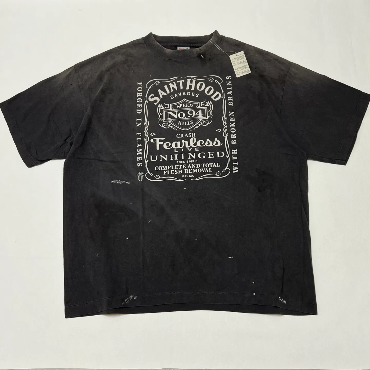 SAINT Mxxxxxx × NEIGHBORHOOD STHD . SS TEE FEARLESS/BLK NBHD Takizawa Shinsuke co-branded whiskey label/love skull angel distressed short sleeves washed black S-XL tube weave without side seam fabric ready-made Assute dyeing custom-woven NBHD co-branded main mark washed mark truly correct version top-level printing process restoration distressed treatment
